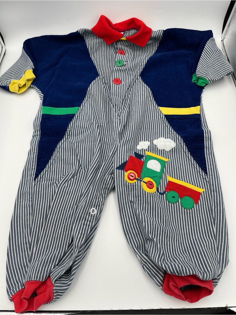Vintage Train Engineer Jumpsuit Romper Color Block 24 Months Denim Corduroy READ